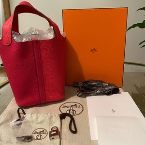 New tricolor pink/red Hermes Picotin 18 casaque full set